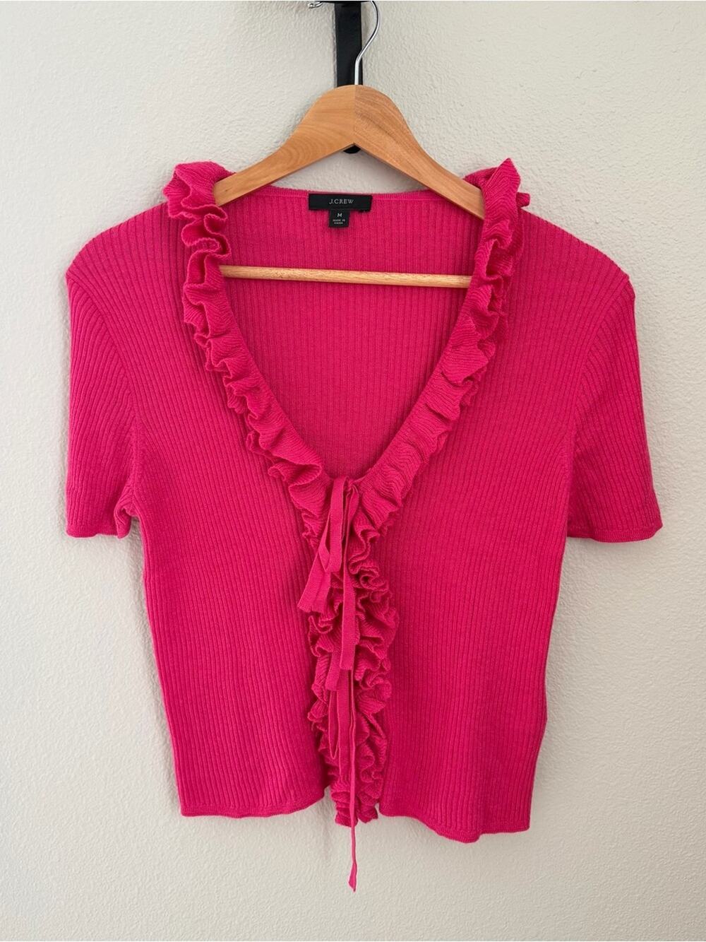 J. Crew Silk-Cashmere Ruffle Tie-Front Sweater-Top in Crisp Begonia - M